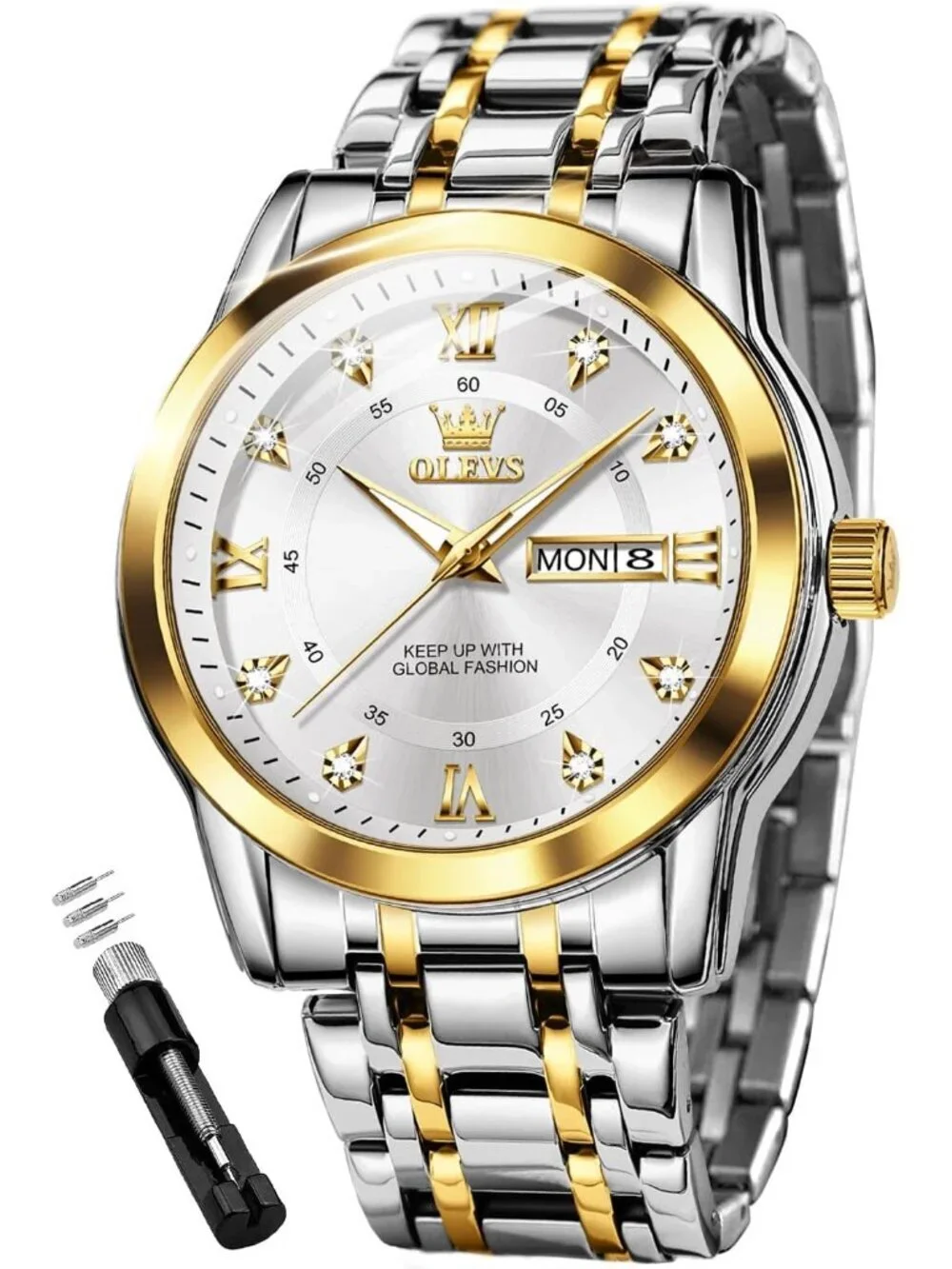 Olevs Men's Silver Gold Diamond Wrist Quartz Stainless Luminous Luxury Watch